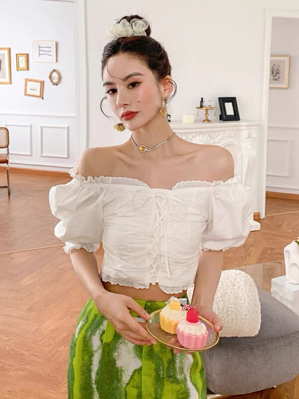 [8lei5 ballet] lace one shoulder off shoulder cross drawstring slim fit pleated bubble sleeve short shirt 990-2# WPL