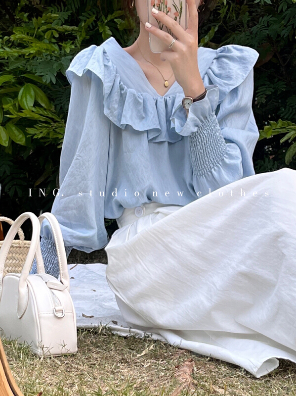 goods in stock! [ing] sweet and versatile square neck loose Ruffle shirt 7607# ZSY