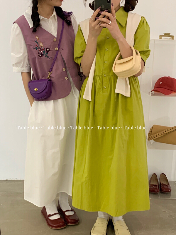 goods in stock! New year in early spring! [table blue] Korean version simple candy color shirt dress 2075# LSW