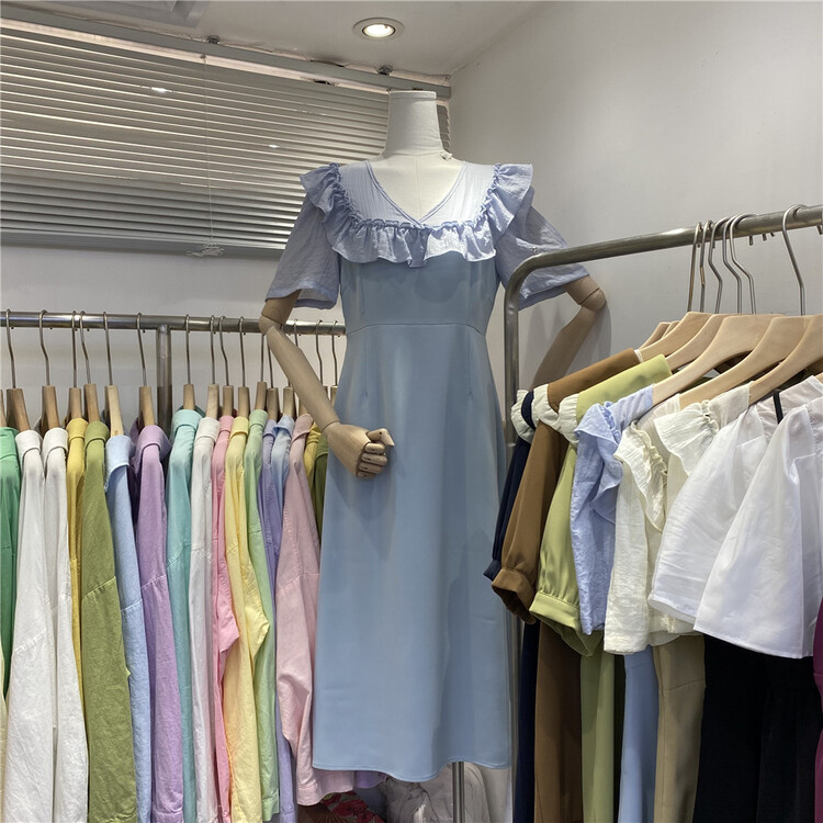[Martina] Korean color blocked Ruffle bubble sleeve dress 88012\xyy