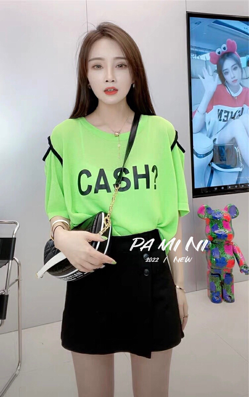 [pamini] personalized color contrast border letter off shoulder short sleeve sweater 22132# Cl