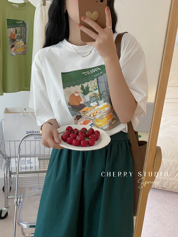 New year in early spring! [cherry studio] original fruit selling old man oil painting printed short sleeve T-shirt 5014# HBx