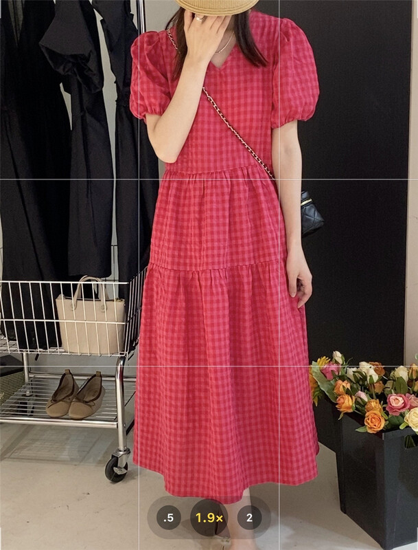 [OA] Korean V-neck loose solid check dress 1277# XYY