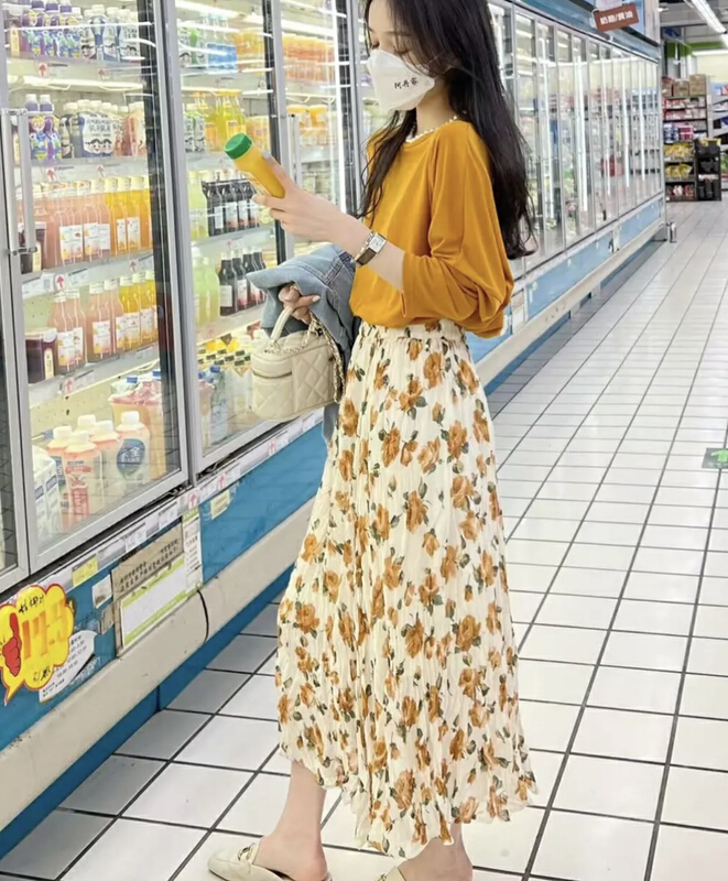 goods in stock! New in early summer! [JH] net red solid color sunscreen Top + pleated floral skirt suit 41217# PCZ