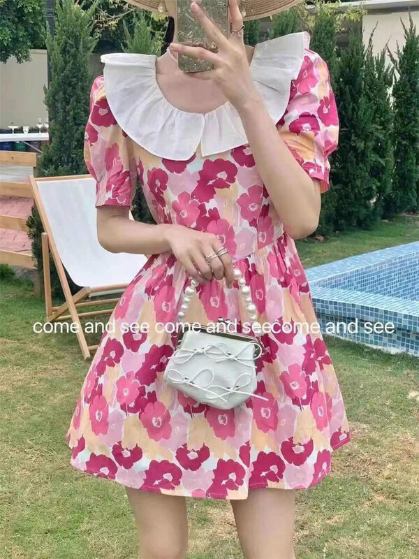 Original price 89.00! New in early summer! [Xiangli] fresh color contrast flower bubble sleeve dress 8873# PCZ