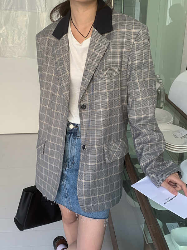 New year in early spring! [Hello September] contrast collar Plaid Korean suit h2237# CLS