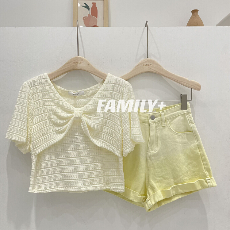 [family +] temperament bow fake two piece lace shirt + hanging dyed denim shorts set 2028# ozq
