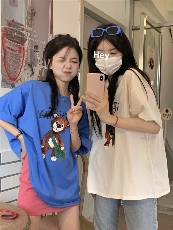 [timely rain] Han Feng ins design sense creative cartoon printed letters loose and versatile short sleeve T-shirt 66632# WPL