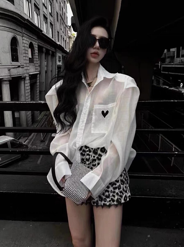 [kakajia] love long sleeve loose shirt + leopard print personalized casual Shorts Set 2081# ozq