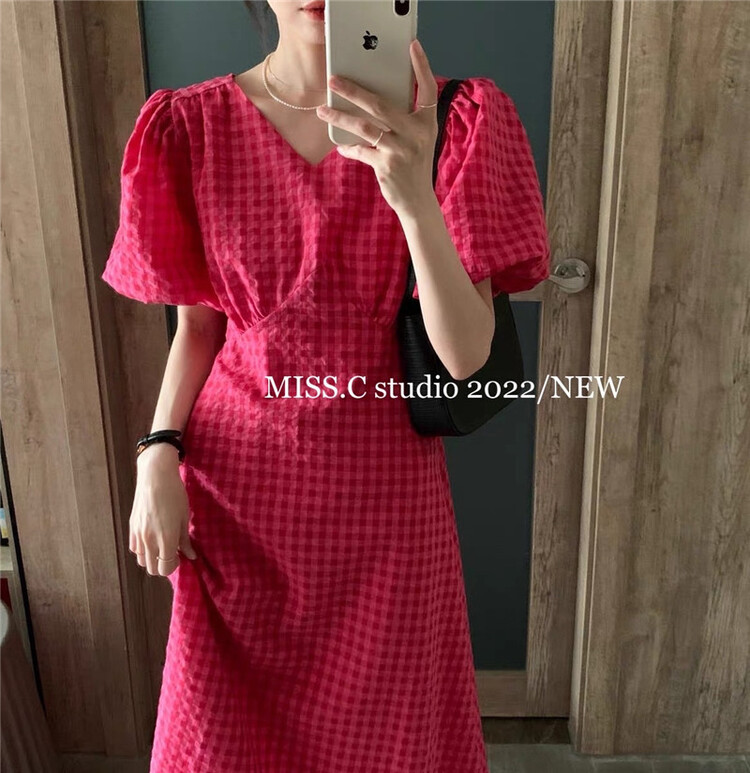 [miss. C studio] French V-neck bubble sleeve waist closing dress 1988# zxx