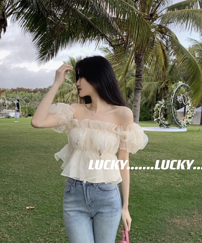 goods in stock! [lucky] sweet bubble sleeve short sleeve one shoulder shirt 8630# zxx