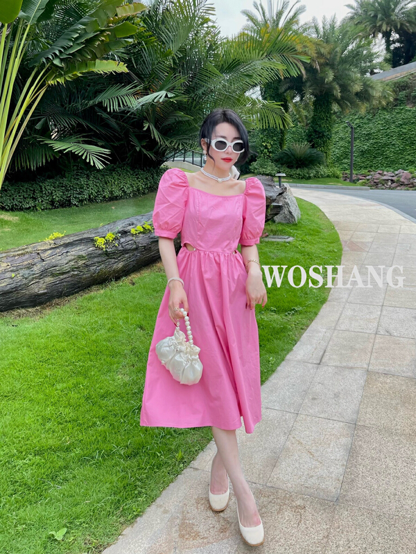 [woshang woshang] French Hepburn style design sense small square collar hollow out dress 1270# XYJ