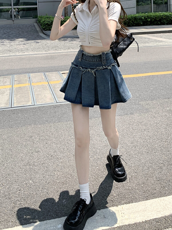 [timely rain] Korean style ins design, high waist, thin, water washed, versatile, raw edge pleated A-shaped denim skirt 0419# WPL