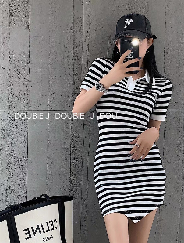 New in early summer! [double. J] polo collar stripe dress 1825# PCZ