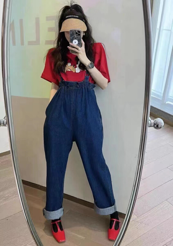 [I do do] personalized cartoon printed short sleeved T-shirt + versatile denim suspender suit 8160# cqw