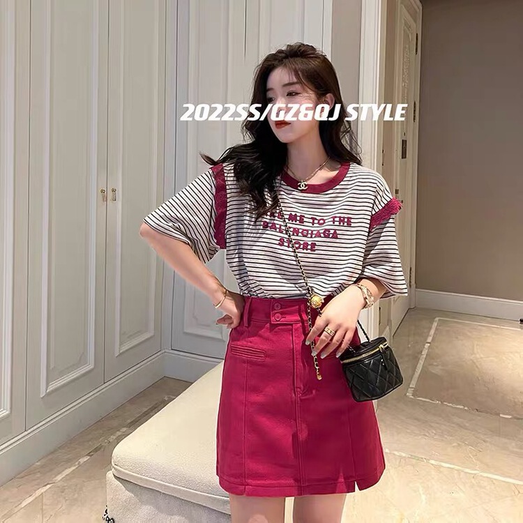 New in early summer! [Amy] Korean lace stripe letter printed short sleeve T-shirt ys1-8890# WTT