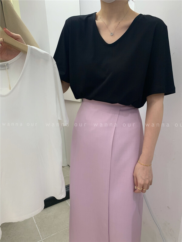 [wanna] solid color versatile V-neck short sleeve T-shirt t9112# cqw