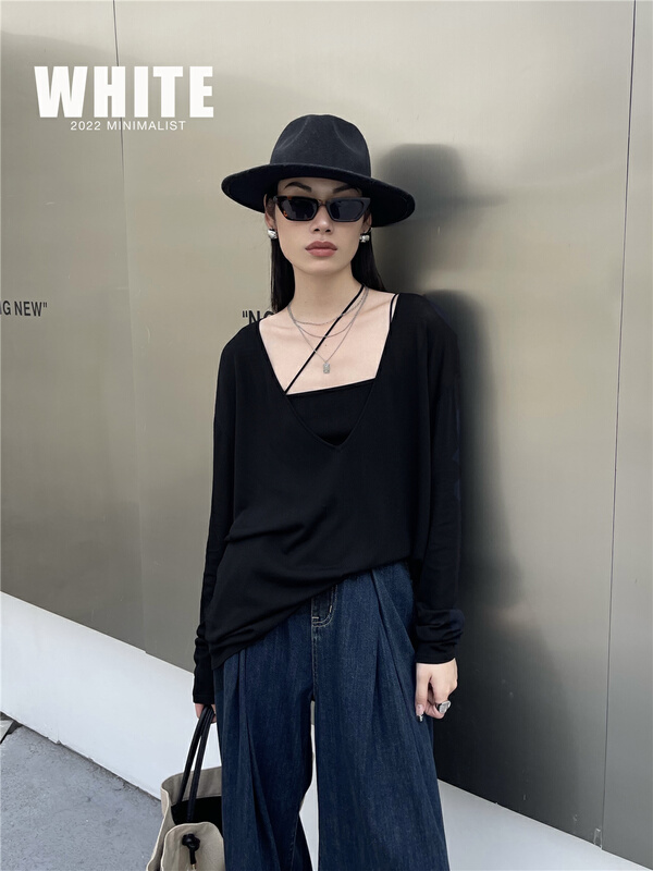 [white] V-neck loose and versatile long sleeve T-shirt 88273# XYJ