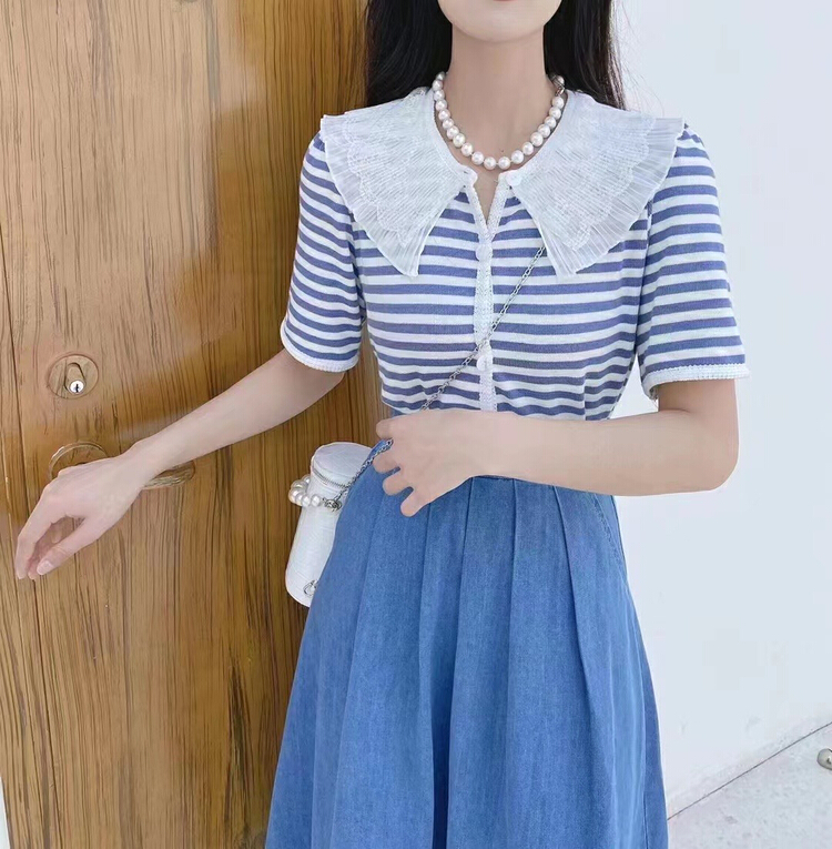 New in early summer! [little dress] striped lace versatile short sleeve T-shirt 1407# Cl