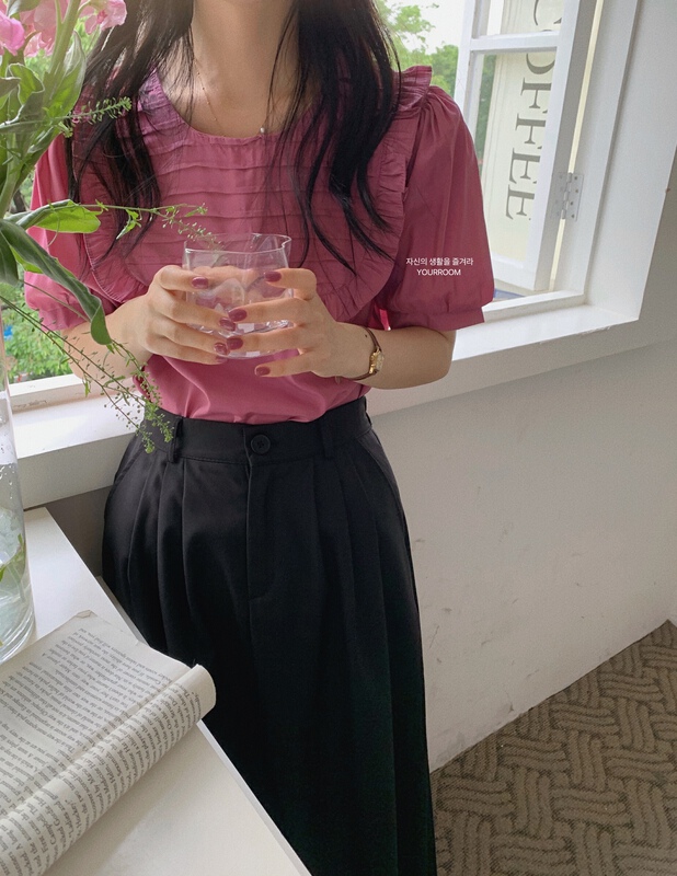 [your room] Korean Solid Color Bubble Sleeve Round Neck Shirt 9201# cqw