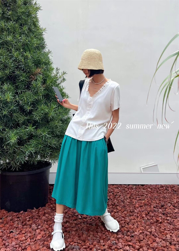 [this] literary and artistic style lace collar simple short sleeve T-shirt v499# CSX