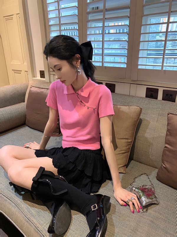 [wgwe] sweet spicy gentle style knitted cheongsam design feeling slim short sleeve T-shirt 1736# PCZ
