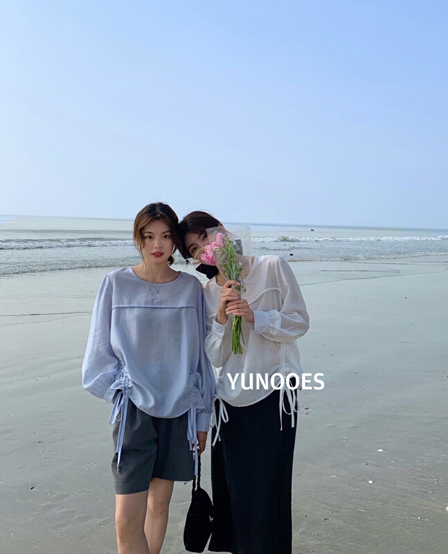 [yunooes] Korean solid color drawstring shirt 8020# LSL