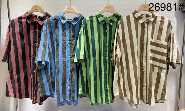 [ninestone nine stones] striped loose comfortable single breasted shirt 26981# L