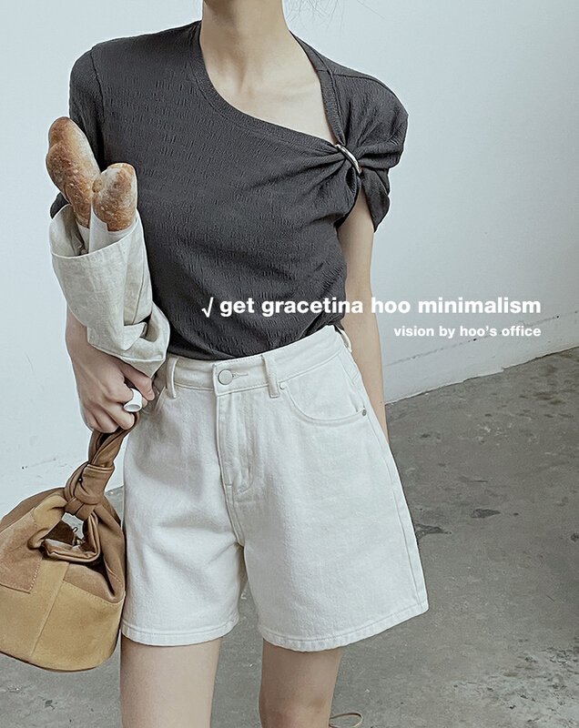 [gracetina Hoo] niche design ring buckle decoration irregular thin short sleeve T-shirt t456# zxl