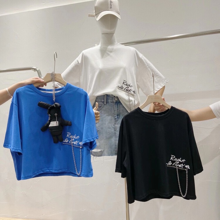 Spot! New style in early summer! "YCNANA" letter round neck fashion design short sleeve T-shirt (detachable with chain) 98070# LSW