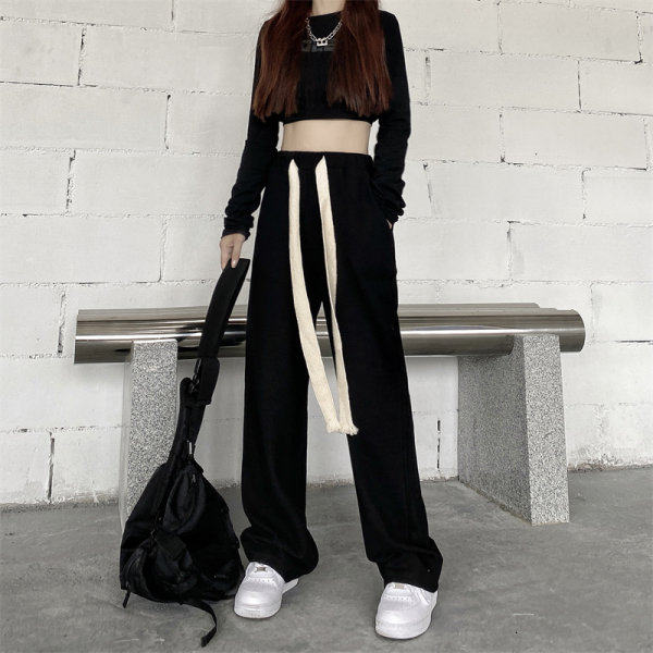 2022 new vibe style straight tube large pants women's hand woven drawstring fat mm thin wide leg casual pants