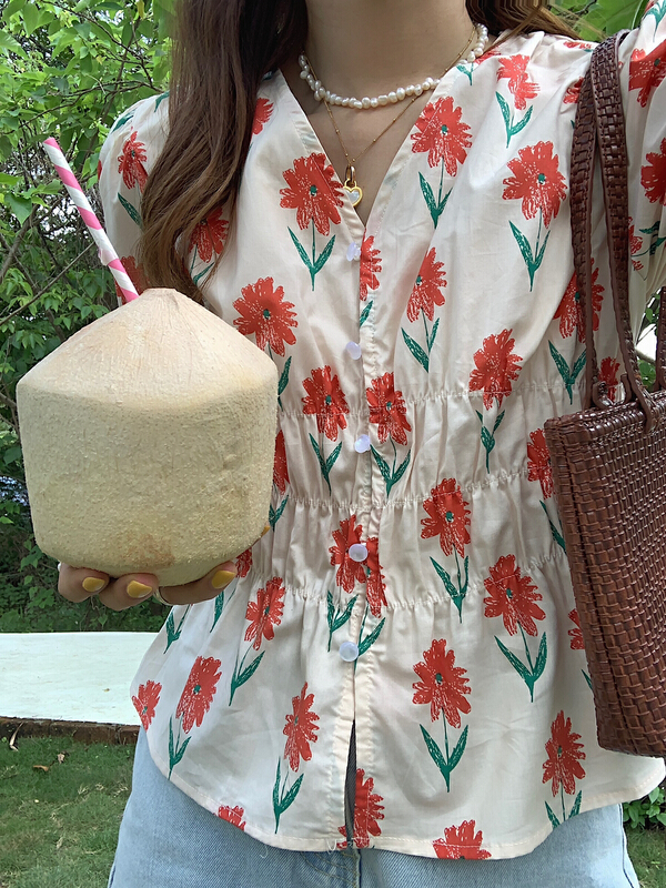 [meetu] Korean printed bubble sleeve button up short shirt 22192# HBx