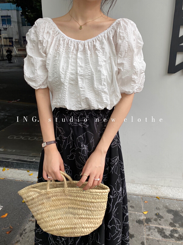 [ing] foreign style texture line neck bubble sleeve blouse 7742# HBx