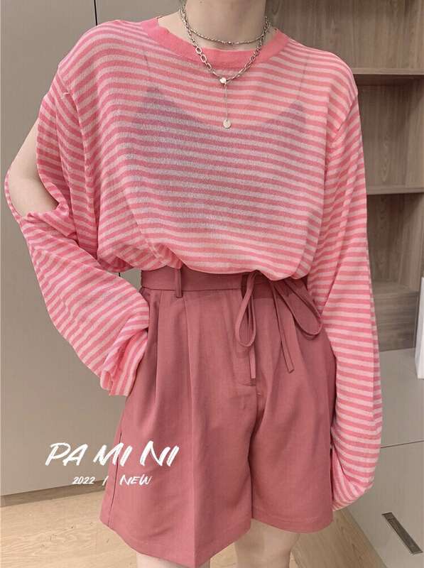 [pamini] Western stripe label loose sunscreen shirt 8950# Cl