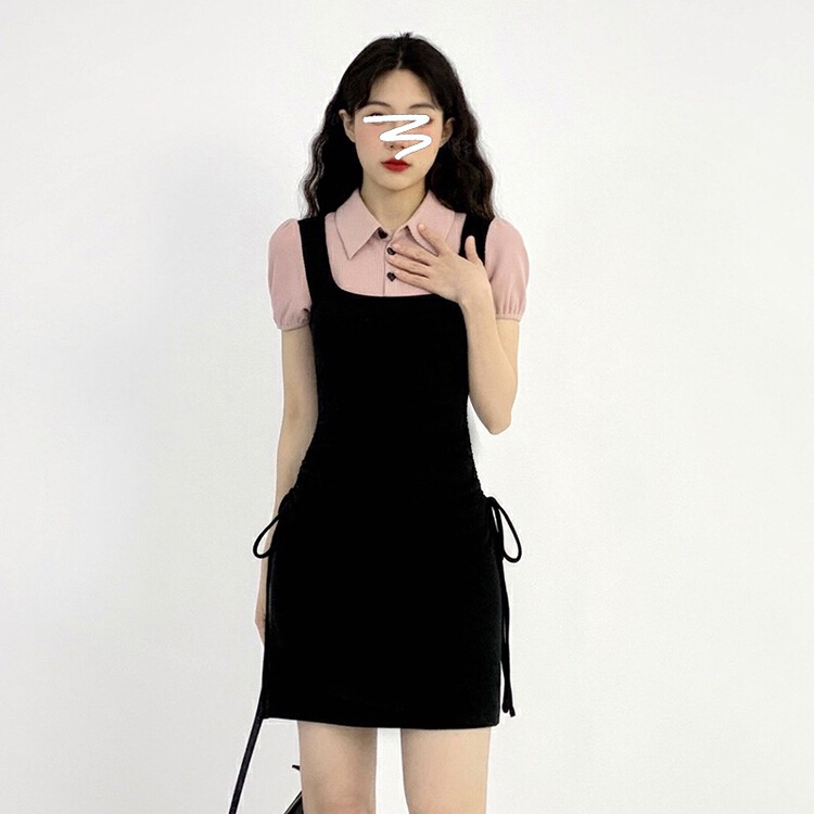 [Hua Xi] small group bandage contrast color polo collar senior fake two-piece dress 8949# PCZ