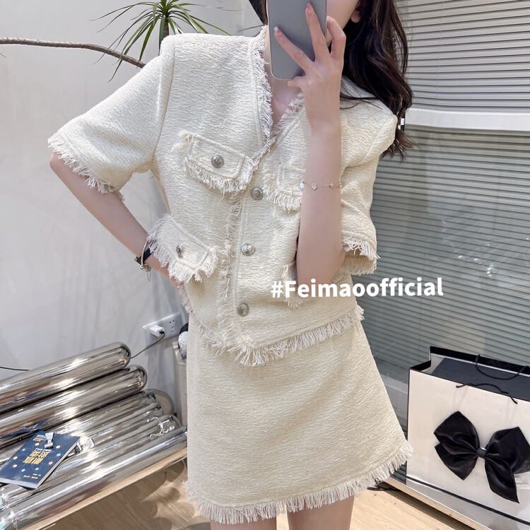 Original price 174.84! [Feimao (Yimao)] lady temperament small fragrance Top + rough edge Hip Wrap Skirt Suit ym-7077# LSL