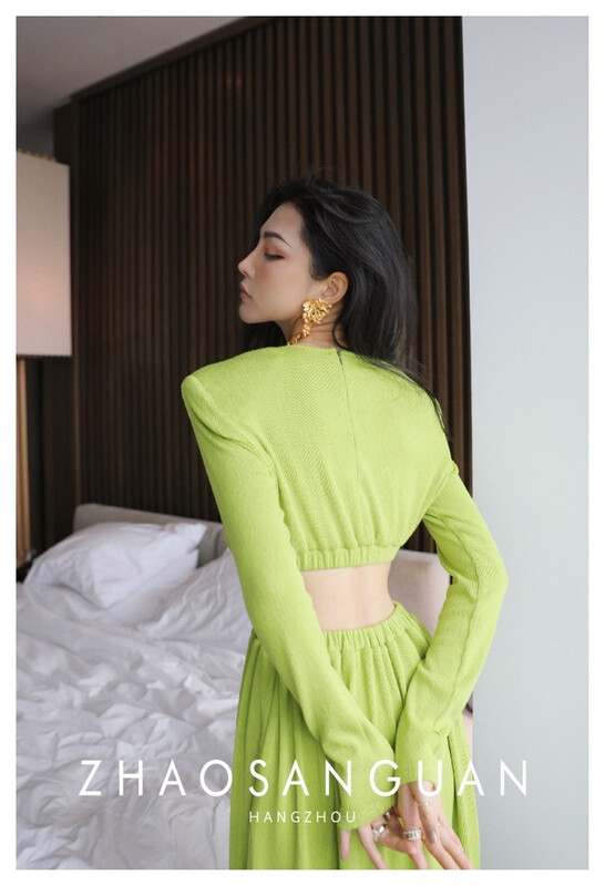 goods in stock! New in early summer! [Tan] temperament round neck long sleeved waistless design dress d2780# zxx