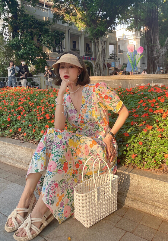 [J2. J1wg] Korean summer printed V-neck waist dress 22100# cqw