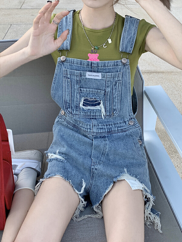 [timely rain] Korean style ins sweet and spicy style age reducing versatile design feeling washed and worn raw edge one-piece denim suspenders 72930# WPL