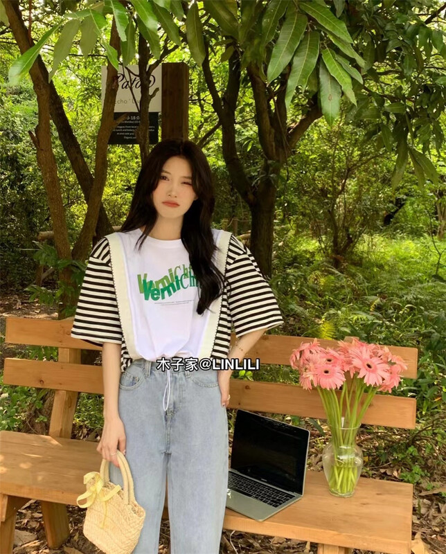 [muzijia] Korean loose stitching short sleeve T-shirt 66935# XYY