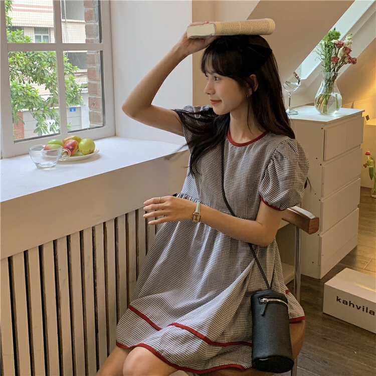 [timely rain] Han Feng ins sweet retro color contrast small fine grid loose thin dress 50059# WPL