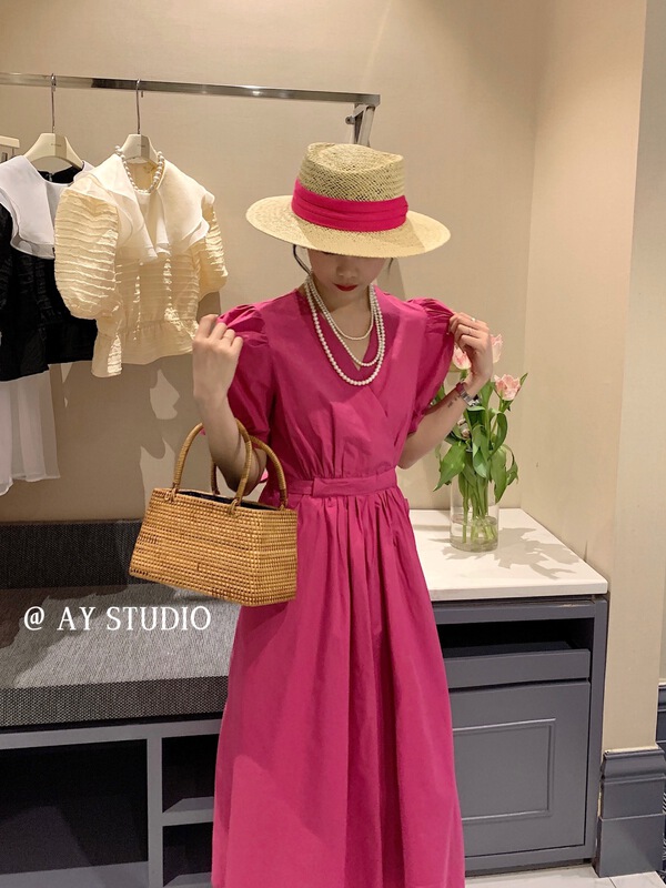 [ay studio] Korean Ladies Solid V-neck short sleeve dress 66863-1# zxx