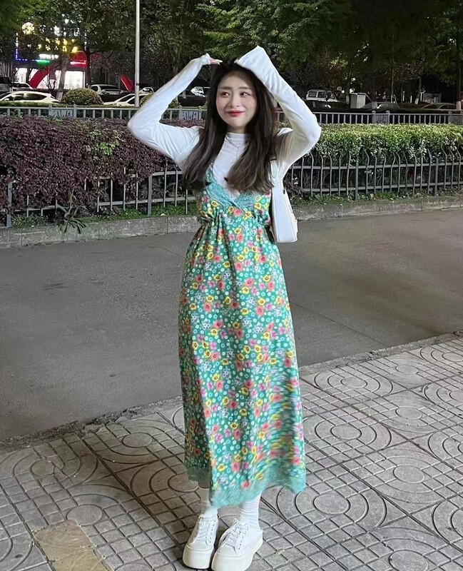 [I do do do] simple and small public display thin shirt + suspender floral fashion dress set 8156# cqw