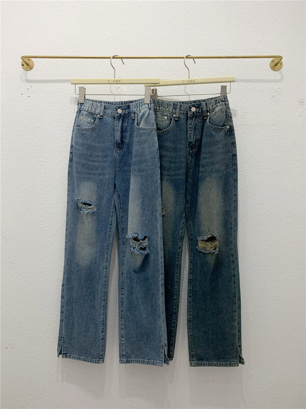 [u.she] Korean loose hole elastic waist jeans 98080# cqw