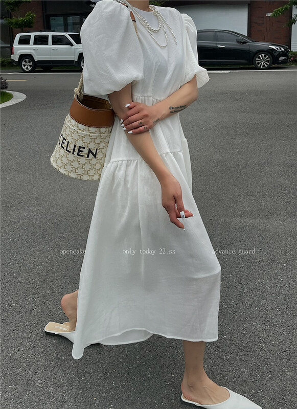 [open] pure white bubble sleeve sweet dress 3800# ozq
