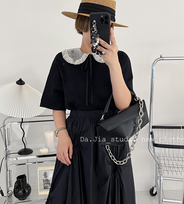 goods in stock! New in early summer! [Dajia] fake two pieces of small fragrance pearl short sleeve T-shirt 22299# CLS