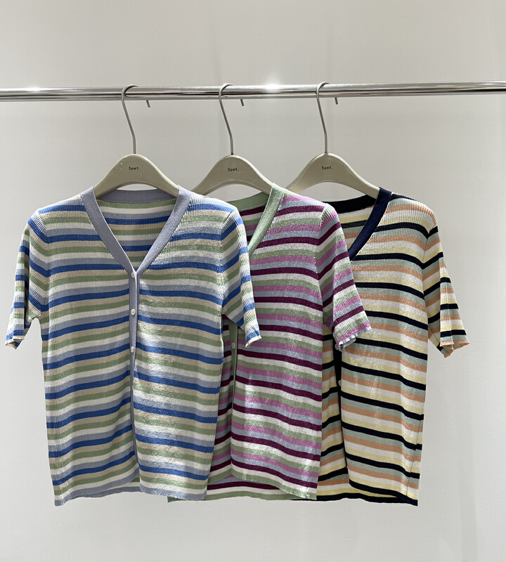 [5pet] Korean V-neck single breasted striped short sleeved knitted cardigan a47# XYY