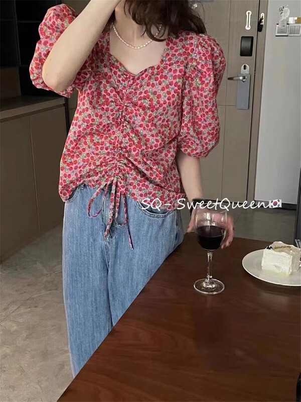 [sq] Korean V-neck floral drawstring blouse 3365# zxx