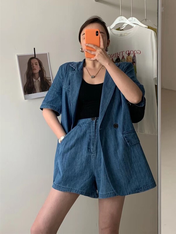 【HU.】 Korean loose denim jacket + casual denim shorts two piece suit 2285# cqw