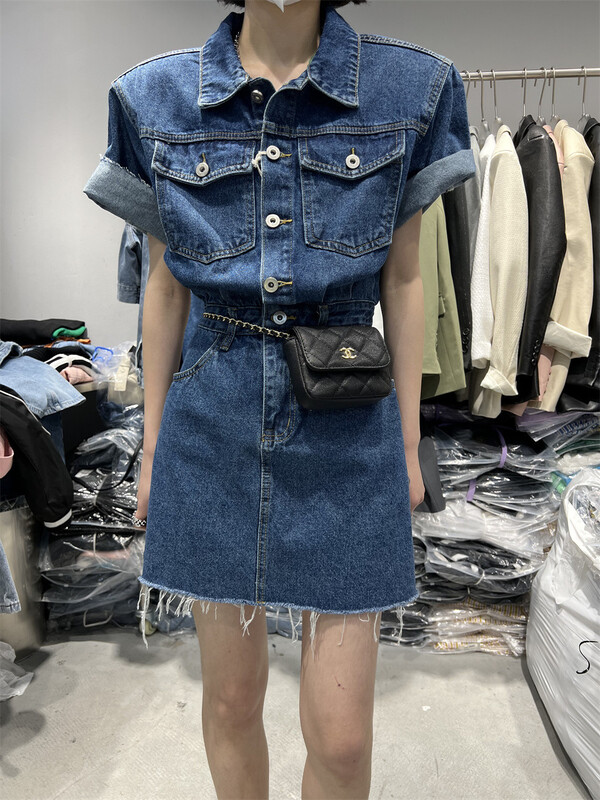 New in early summer! [D +] Korean personalized waist closing and thin Denim Short Sleeve Dress 035-1# lwy